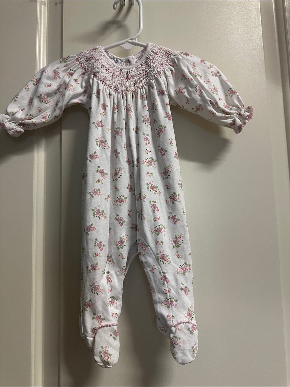 Smocked Floral Footed One-Piece in White and Pink